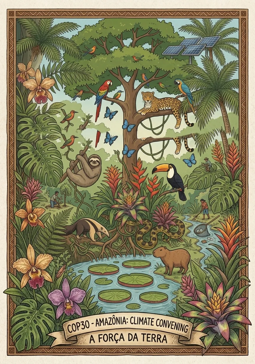 An illustration of the Amazon river winding through the rainforest