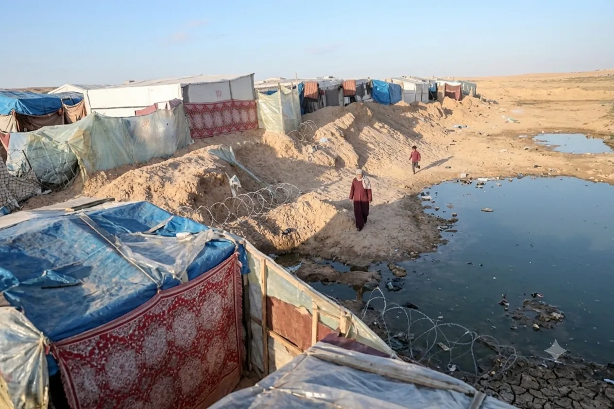 A displaced family moves along the Gaza coast carrying their belongings