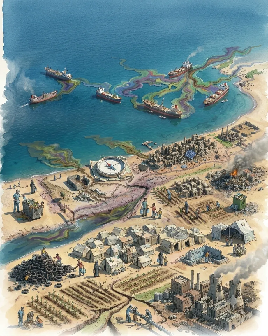 An illustration of Gaza’s war-scarred coastline, with an oil-streaked sea, ruined buildings, tents and a power plant