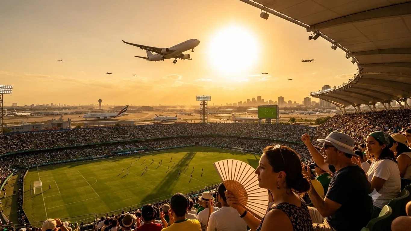 A capacity crowd at dusk as aircraft pass overhead