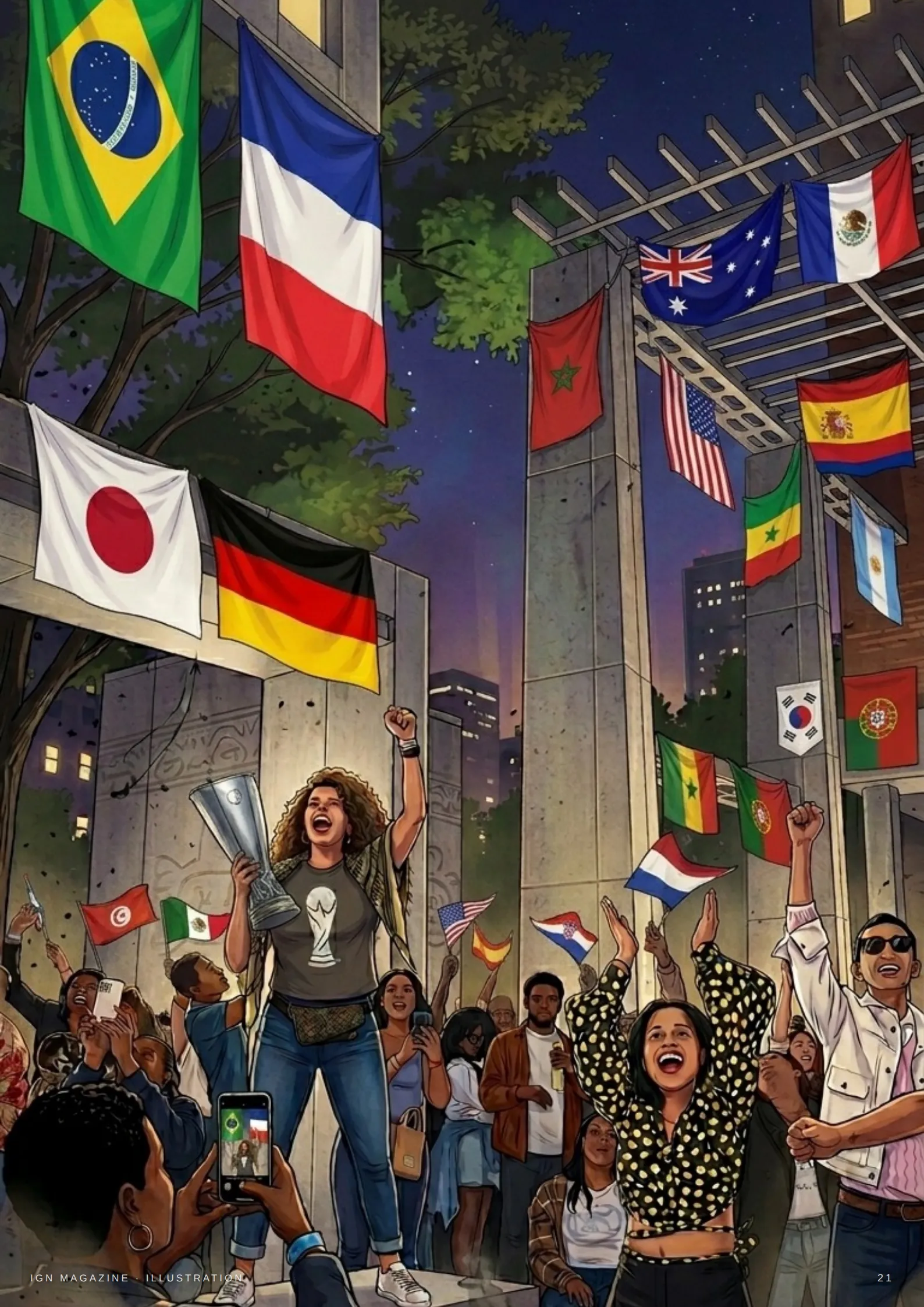 An illustration of football fans celebrating in a city square beneath the flags of many nations